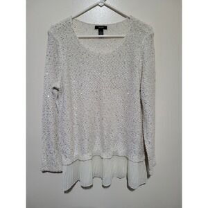 Alfani Sequin Knit Sweater Women Large Ivory Pleated Hem Layered Glam